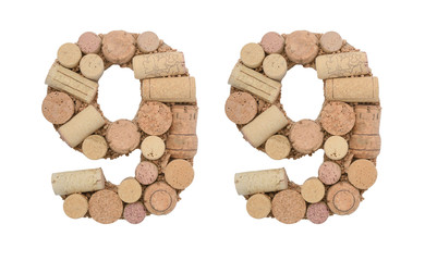 Number 99 ninety nine made of wine corks Isolated on white background