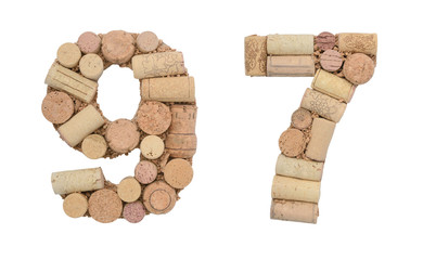 Number 97 ninety seven made of wine corks Isolated on white background