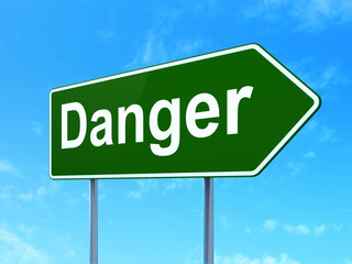 Privacy concept: Danger on green road highway sign, clear blue sky background, 3D rendering