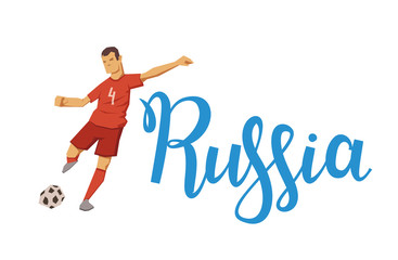 Football and Russia. Player kicking a ball on Russia lettering background. Flat vector illustration. Isolated on white background.