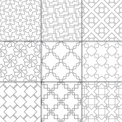 Light gray geometric ornaments. Collection of seamless patterns