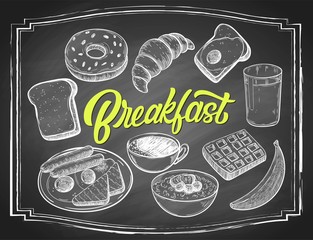 Hand drawn breakfast food with custom lettering, black and white draft sketch isolated on black chalkboard background. Vintage vector etching ink illustration.