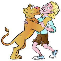 Woman playing with lion vector