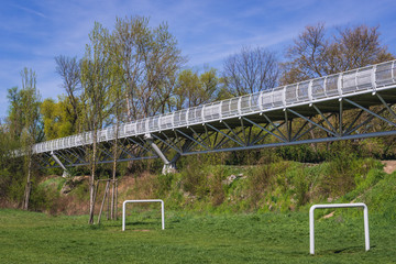 Pedestrian and cycling Freedom Bridge connected Slovakia and Austria in Devinska Nova Ves, borough...