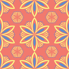 Fototapeta na wymiar Floral red seamless pattern. Bright colored background with yellow and blue flower elements
