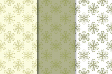 Olive green floral seamless ornaments. Set of vertical patterns