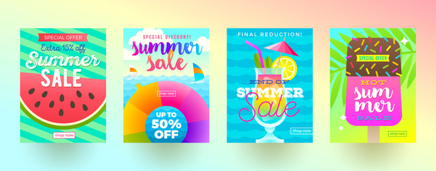 Set of summer sale promotion banners. Vacation, holidays and travel colorful bright background. Poster or flyer design. Vector illustration.