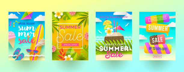 Set of summer sale promotion banners. Vacation, holidays and travel colorful bright background. Poster or flyer design. Vector illustration.