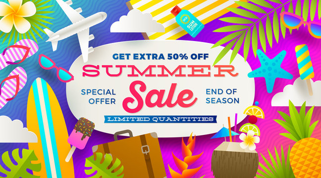Summer sale promotion banner. Vacation, holidays and travel colorful bright background. Poster or flyer design. Vector illustration.