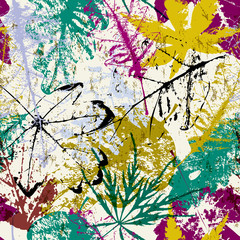 seamless background pattern, with leaves, paint strokes and splashes