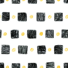 Abstract scandinavian pattern with black squares and yellow circles.