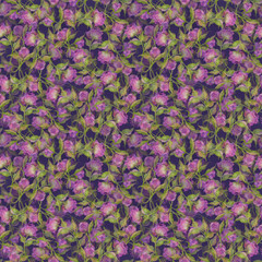 Obraz premium seamless pattern watercolor illustration, pink peonies, buds with leaves on a purple background.