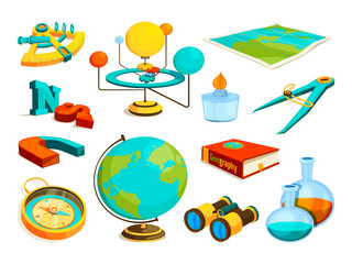 Vector colored pictures of science and geography symbols © ONYXprj