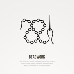 Beadwork workshop flat line icon. Beads with needle sign. Thin linear logo for sewing store.
