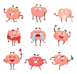 Funny cartoon characters. Brain in action poses