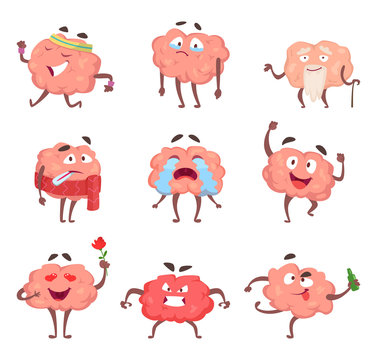 Funny cartoon characters. Brain in action poses Stock Vector | Adobe Stock