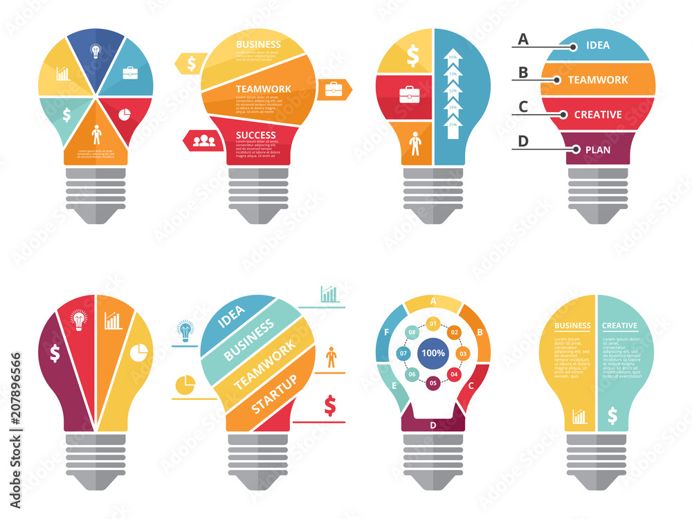 Poster Infographic concepts with shape of lighting bulb. Visualization of various options or processes