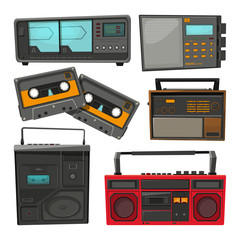 Cartoon illustrations of old music cassette recorders, players and radios