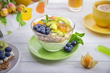 Yogurt with chia seeds, corn pads, kiwi, blueberries, physalis and mint. Healthy breakfast