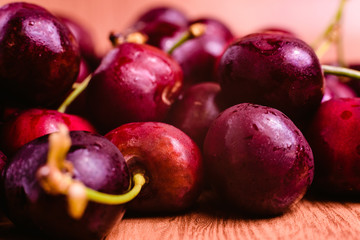Closeup round sweet red cherries, Summertime