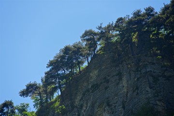 A mountain range not far from the city of Sochi. High rocks and a cliff beneath them. Eagle rocks. Green forest below.