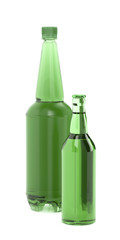 Green beer bottles on white background