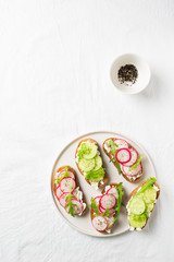 Some radish and cucumber toasts with ricotta and salad