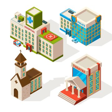 Isometric pictures of municipal buildings. Vector 3d architecture isolate on white