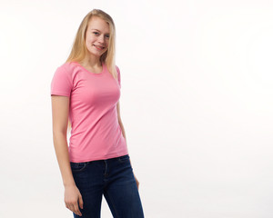 Obraz premium woman white background pink t-shirt jeans