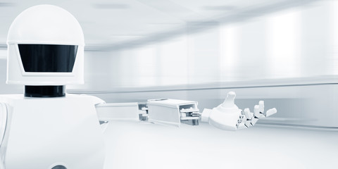 Autonomer Service Roboter im Vordergrund, dahinter ein großer Raum in Unschärfe