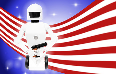 Kriegsroboter oder Kampfroboter mit Pistole vor der amerikanischen Flagge