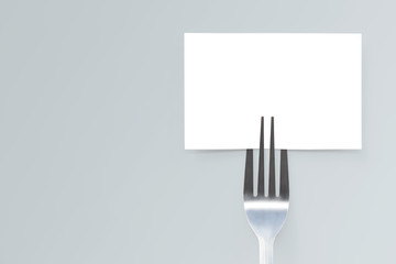 Blank paper mockup card and fork. Creative layout for business food concept.