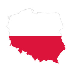 Obraz premium Flag of Poland in the country silhouette. Bicolour. Two horizontal stripes of equal width, white and red, in the outline of the Republic of Poland. Isolated illustration on white background. Vector.