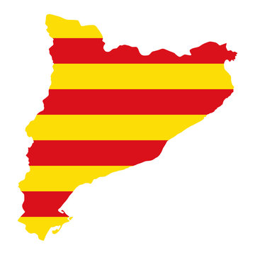 Flag of Catalonia in country silhouette. Senyera, yellow and red horizontal stripes, in the outline of the autonomous community in Spain, on Iberian Peninsula. Isolated illustration over white. Vector