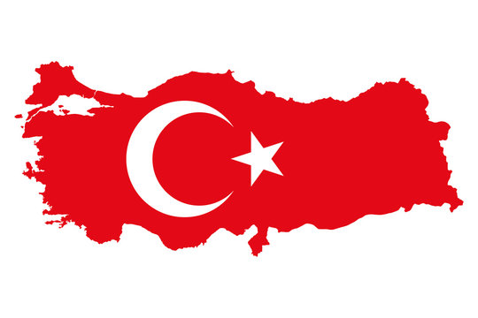 Flag of Turkey in country silhouette. Al bayrak. Red flag with white star and crescent, in the country outline. Transcontinental country in Eurasia. Isolated illustration on white background. Vector.