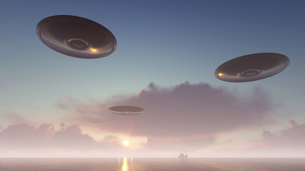 Naklejka na ściany i meble 3d render UFO above the ocean 