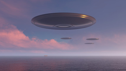 3d render UFO above the ocean
