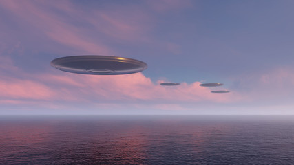 3d render UFO above the ocean
