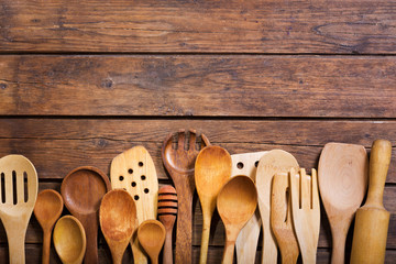 various kitchen utensils, top view