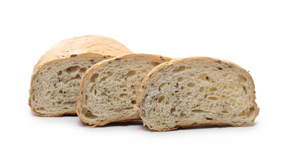 Bread slices with various grains and seeds isolated on white background