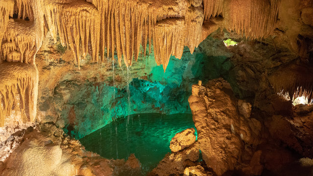 Interior view to Grutas Mira de Aire cave in Portugal