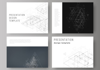 The minimalistic abstract editable vector layout of the presentation slides design business templates. Polygonal background with triangles, connecting dots and lines. Connection structure.