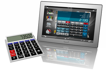Tablet con software calcolatore su sfondo bianco..