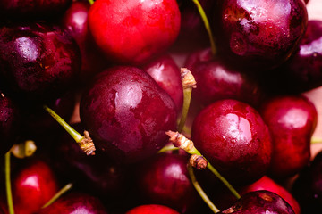 Closeup fresh round sweet red cherries