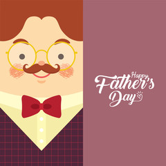 Happy Father's Day template or copy space. Cartoon father wearing fit vest with gold glasses and red bow tie. Man in flat vector illustration.