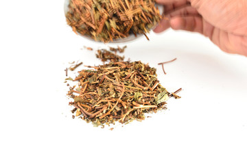 Dried tea leaves on a white background.