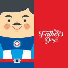 Happy Father's Day template or copy space. Cartoon father dressed like superhero. Super dad in flat vector illustration.