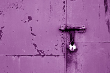 Old padlock on metal gate in purple color.