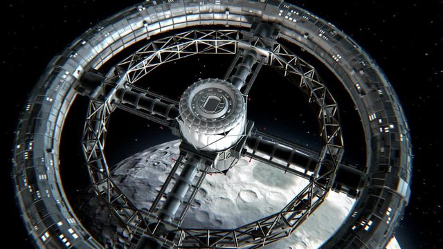 Giant sci-fi torus. Circular space station rotate on Moon background, 3d animation. Lunar texture was created in the graphic editor without photos and other images.