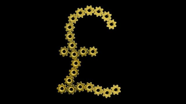 Golden gears Pound sterling sign. Seamless loop 3d animation on black background.